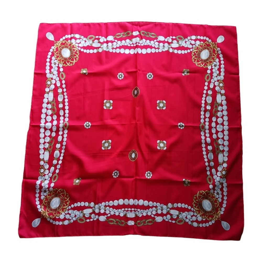 Vintage Womens Scarf Red Pearls Made in Italy 60s 70s Jewel Print